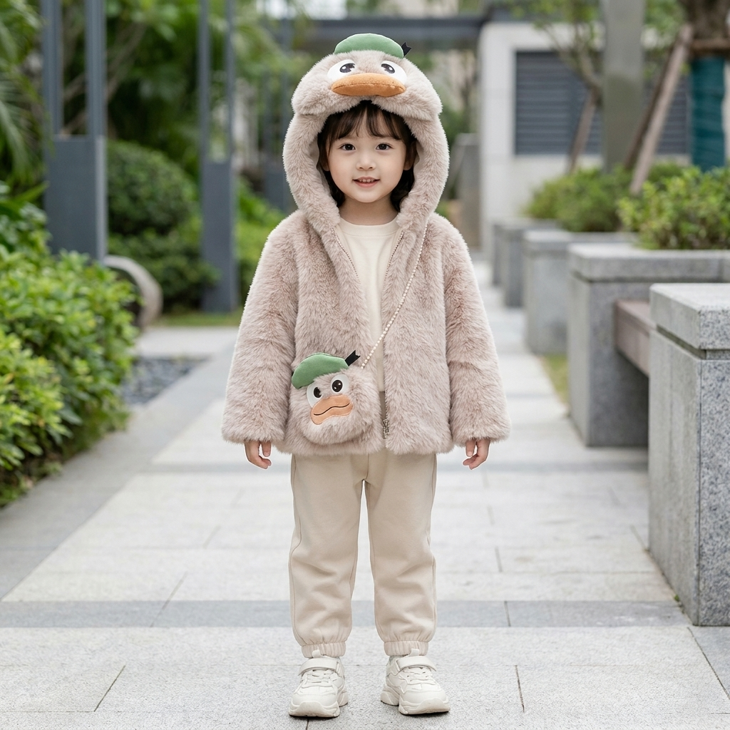 Kids Duck Plush Hooded Winter Jacket with Mini Bag – 3 Colors
