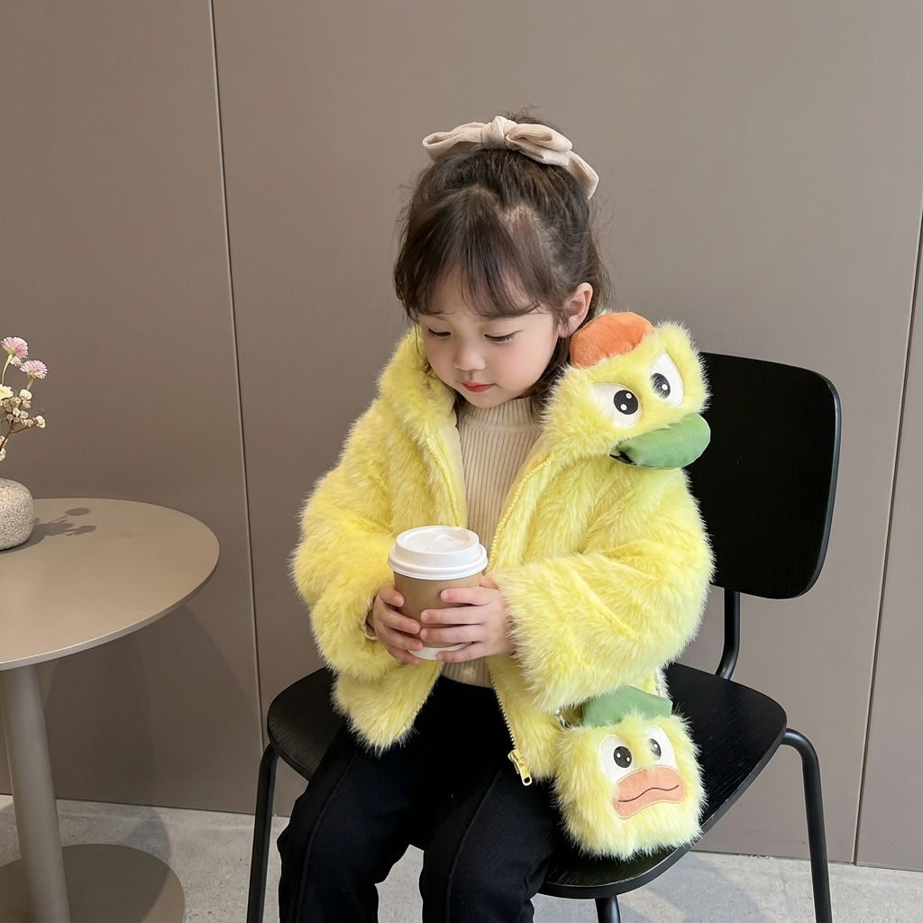 Kids Duck Plush Hooded Winter Jacket with Mini Bag – 3 Colors