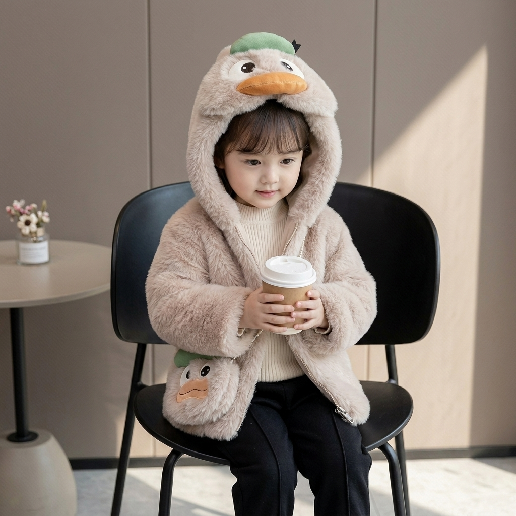 Kids Duck Plush Hooded Winter Jacket with Mini Bag – 3 Colors