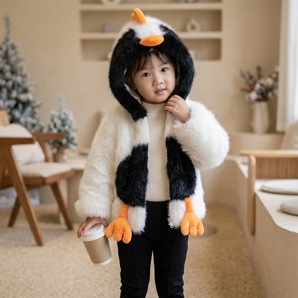 Kids Penguin Plush Hooded Winter Jacket – 2 Colors
