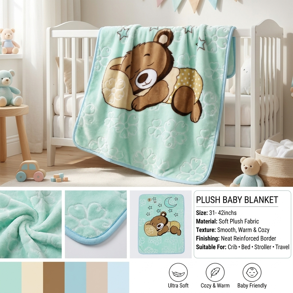 Mint Sleeping Teddy Plush Baby Blanket – 31×42 Inches