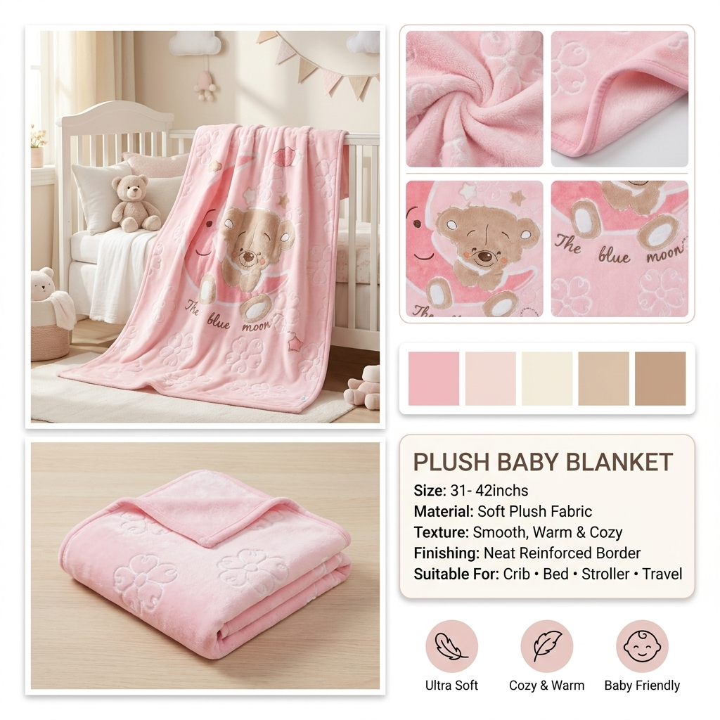 Pink Moon Teddy Plush Baby Blanket – 31×42 Inches