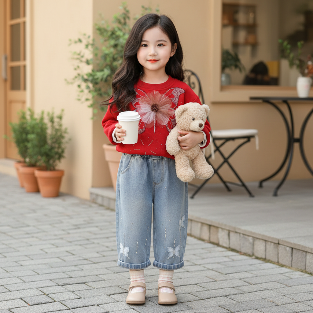 Girls Butterfly Sweatshirt & Denim Jeans 2PC Set – 3 Colors