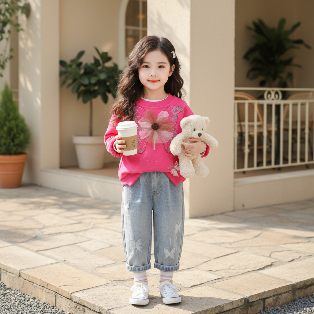Girls Butterfly Sweatshirt & Denim Jeans 2PC Set – 3 Colors