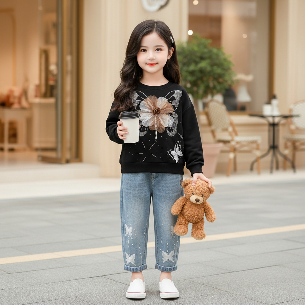 Girls Butterfly Sweatshirt & Denim Jeans 2PC Set – 3 Colors
