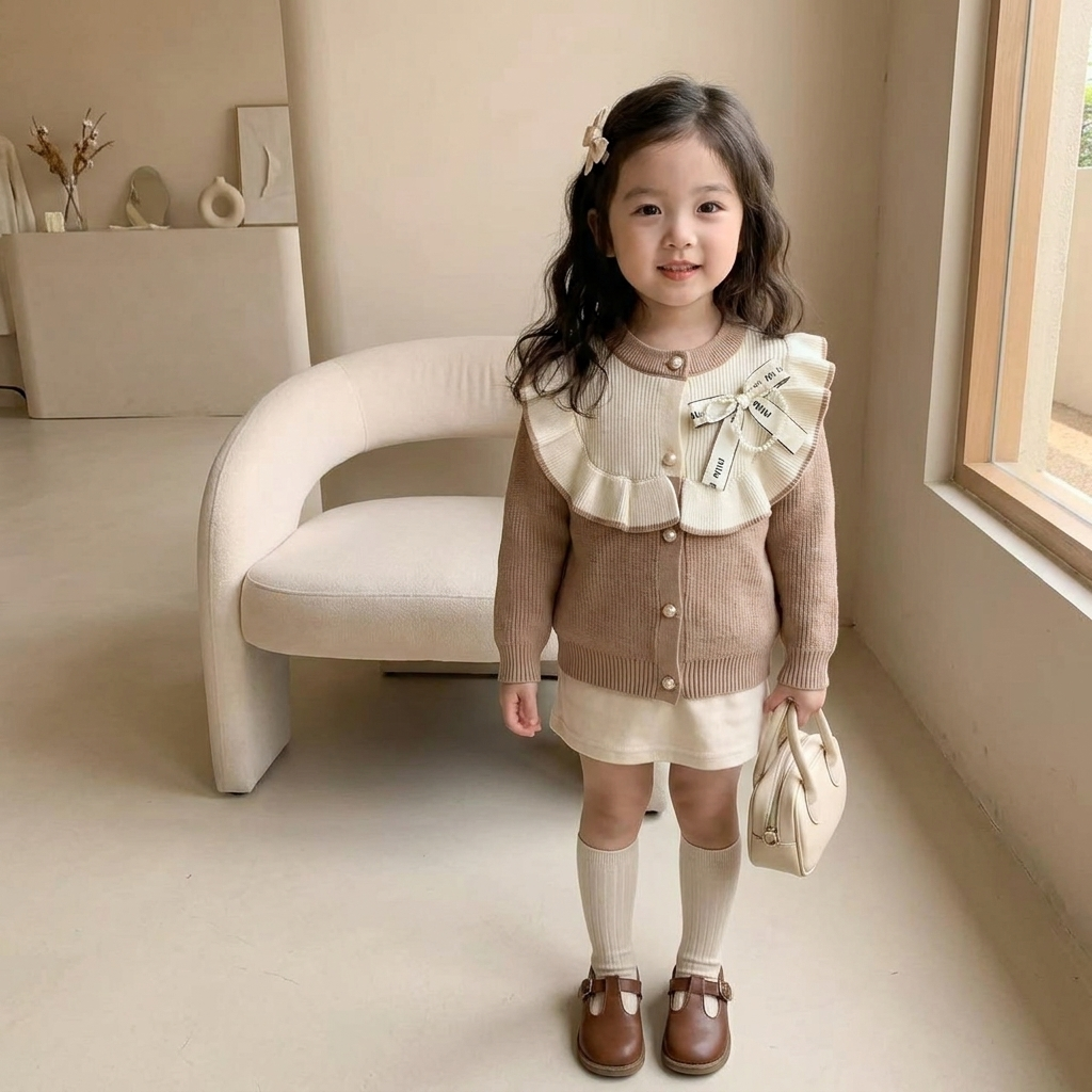 Girls Ruffle Collar Knitted Cardigan Sweater