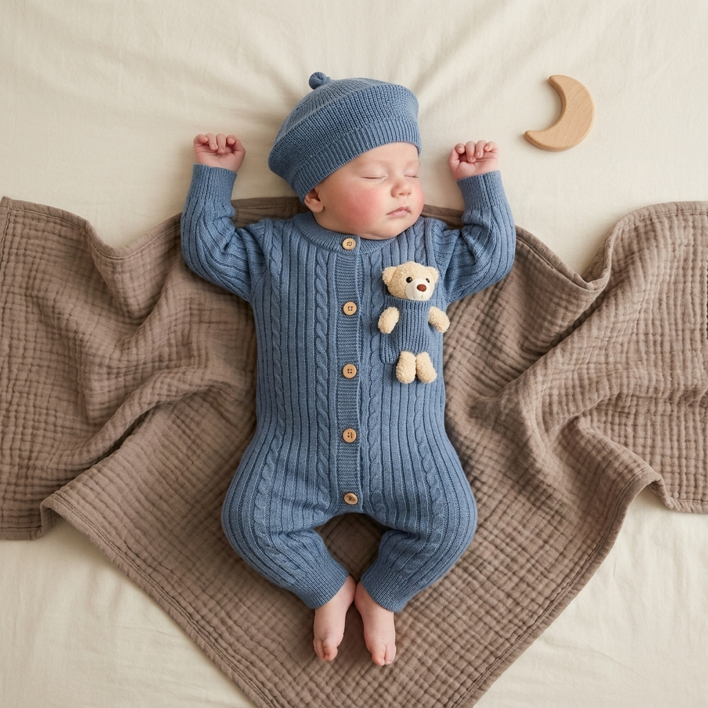 Baby Teddy Cable Knit Romper & Cap 2PC Set – 3 Colors