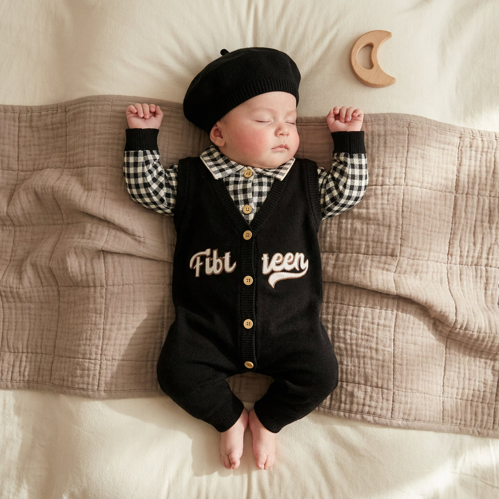 Baby Knit Vest Romper & Beret Cap 2-Piece Set – 3 Colors