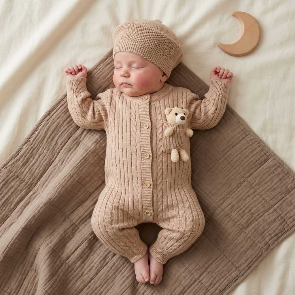 Baby Teddy Cable Knit Romper & Cap 2PC Set – 3 Colors