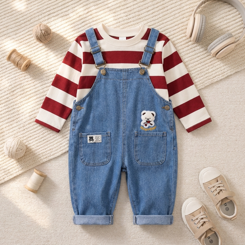 Boys Striped Shirt & Denim Dungaree 2PC Set – 3 Colors