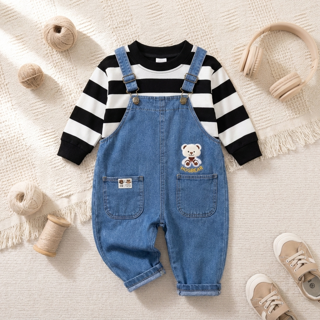Boys Striped Shirt & Denim Dungaree 2PC Set – 3 Colors
