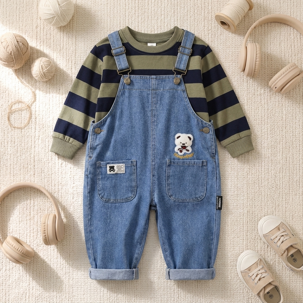 Boys Striped Shirt & Denim Dungaree 2PC Set – 3 Colors