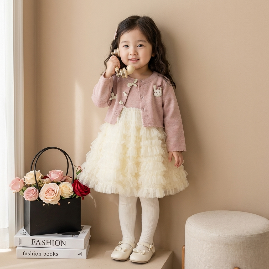 Girls Ruffle Frock & Bunny Cardigan 2PC Set – 2 Colors | Faba Kids