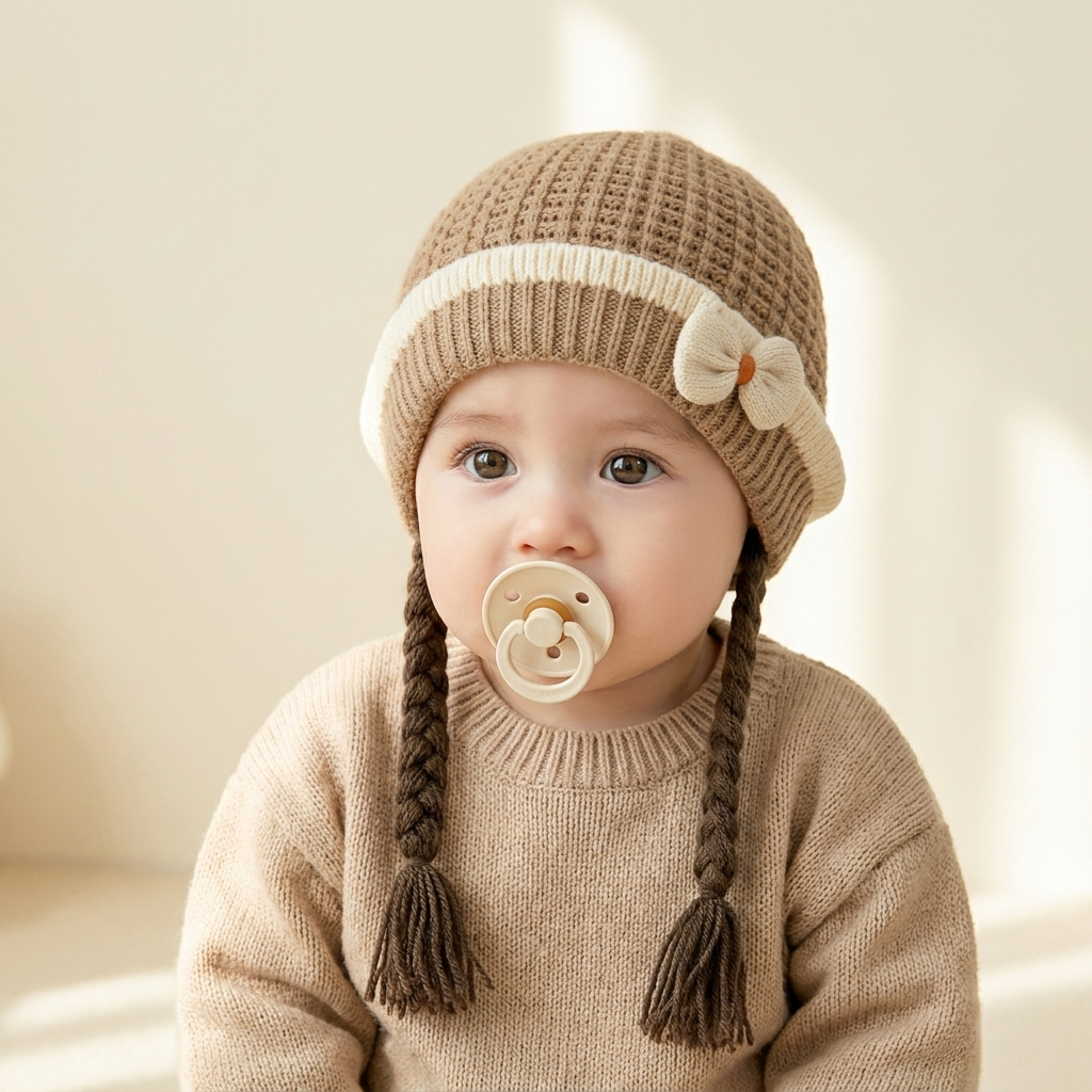 Baby Girl Bow Knit Cap with Braided Pigtails – 1PC