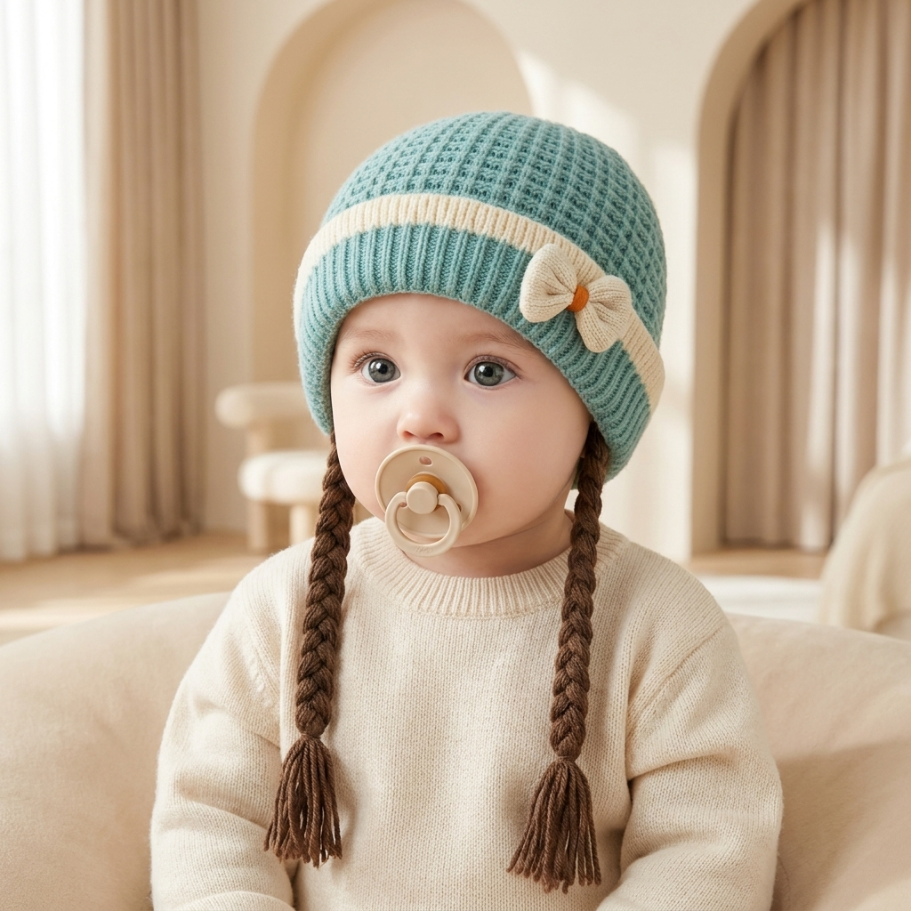 Baby Girl Bow Knit Cap with Braided Pigtails – 1PC