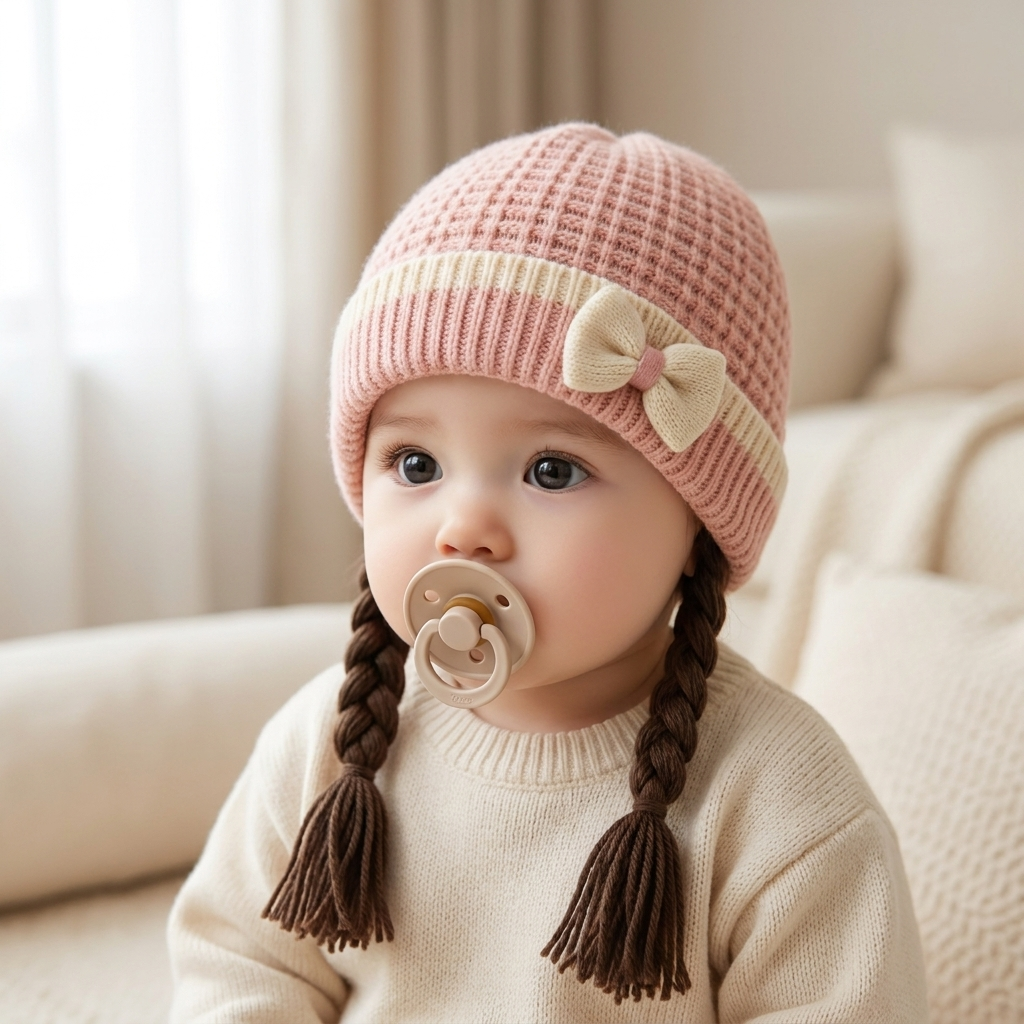 Baby Girl Bow Knit Cap with Braided Pigtails – 1PC