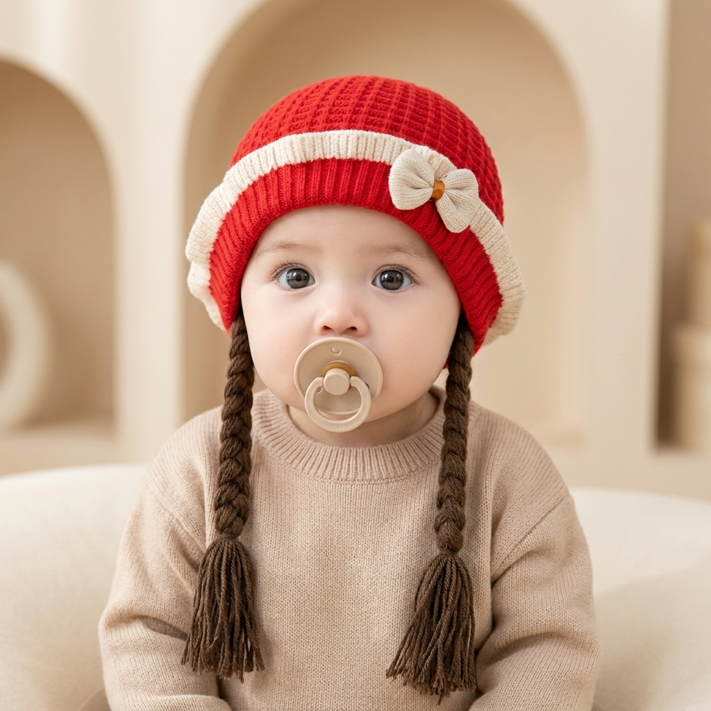 Baby Girl Bow Knit Cap with Braided Pigtails – 1PC