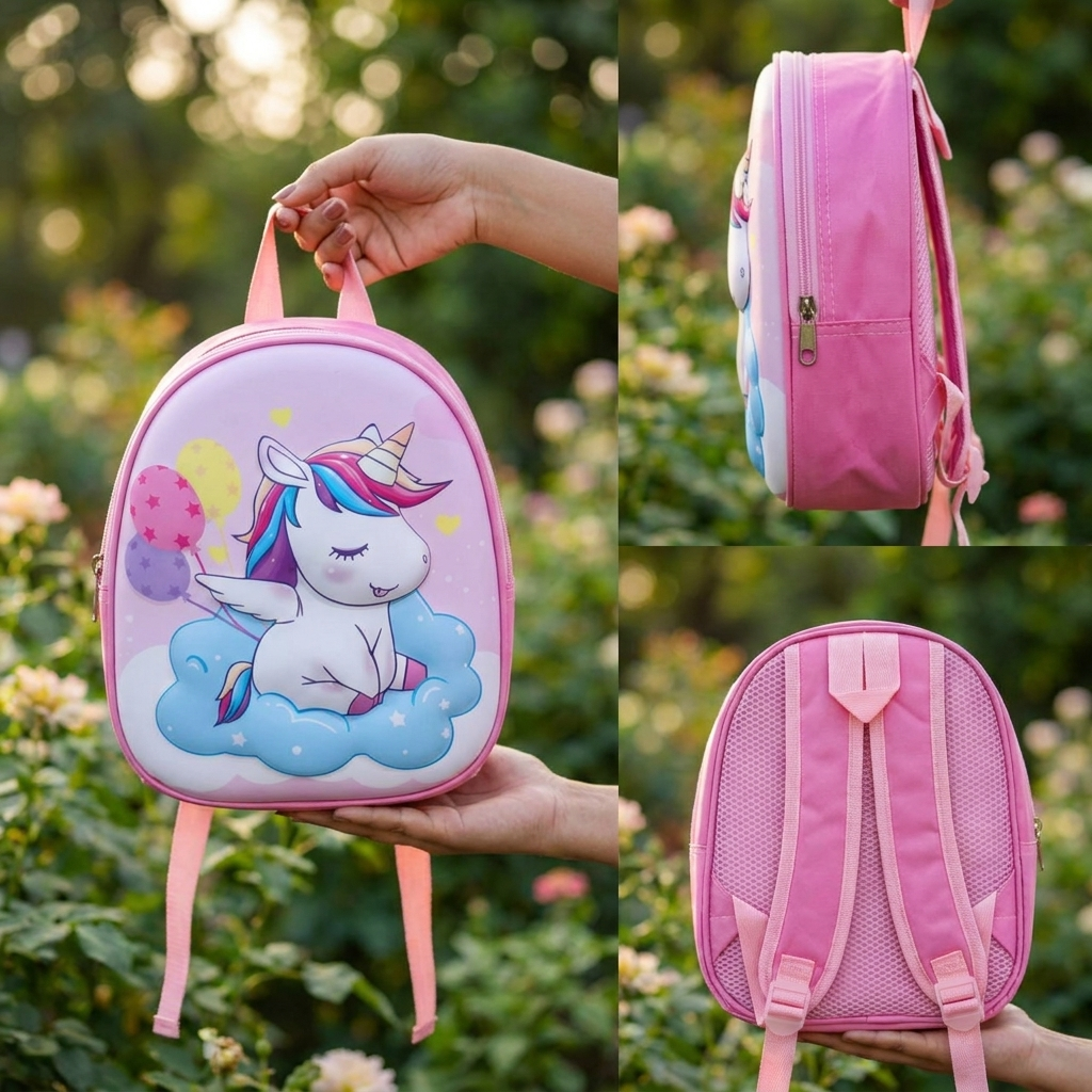 Light Pink kids shell backpack collage showing sleeping unicorn and balloon front artwork, side zip pocket and breathable mesh back panel.