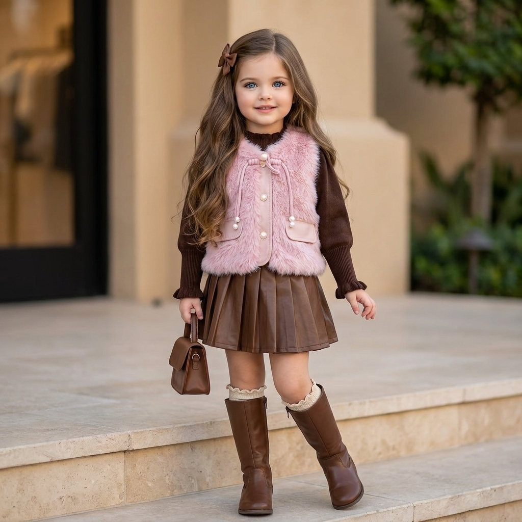 Girls Faux Fur Vest, Knit Shirt & Pleated Skirt 3PC Set | Faba Kids