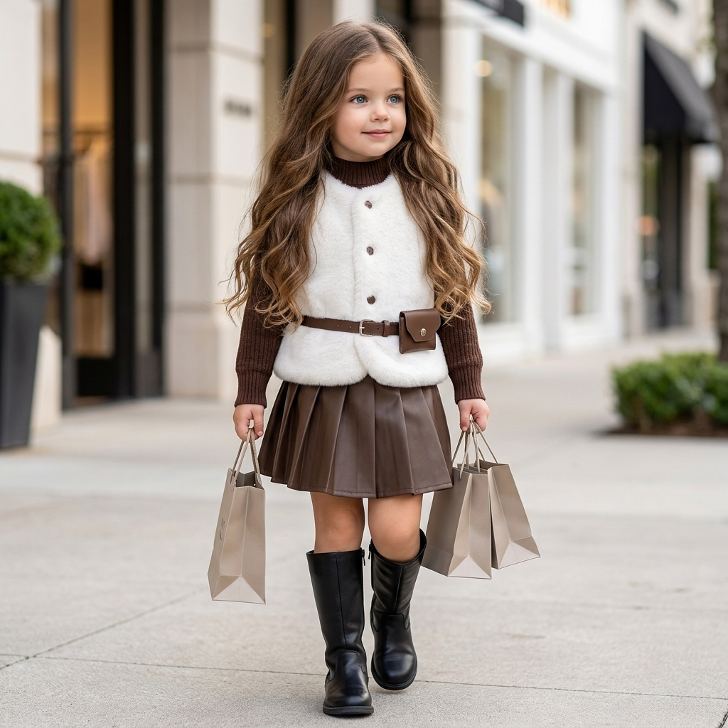 Girls Luxe Fur Vest, Knit Shirt & Pleated Skirt 3PC Set | Faba Kids