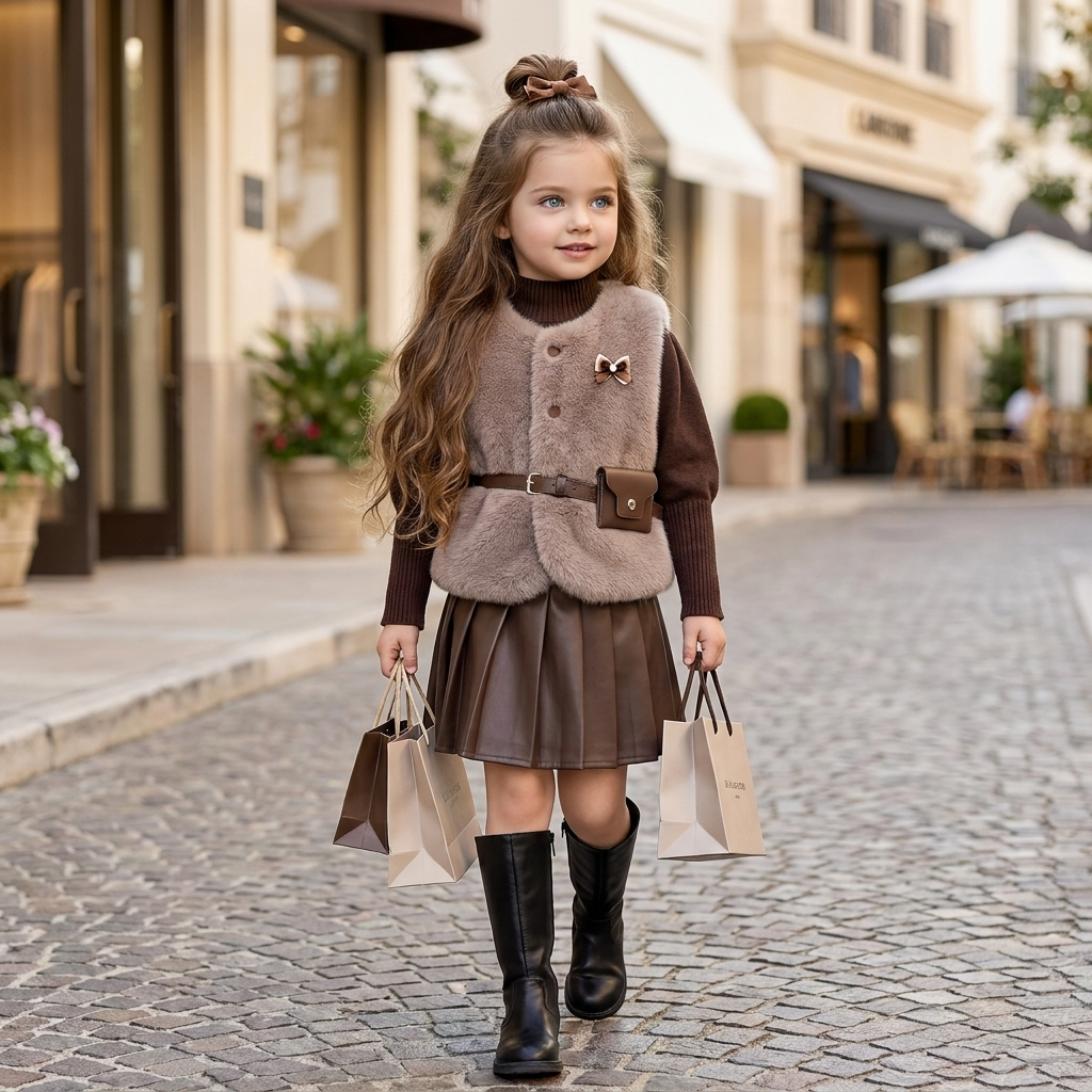 Girls Luxe Fur Vest, Knit Shirt & Pleated Skirt 3PC Set | Faba Kids