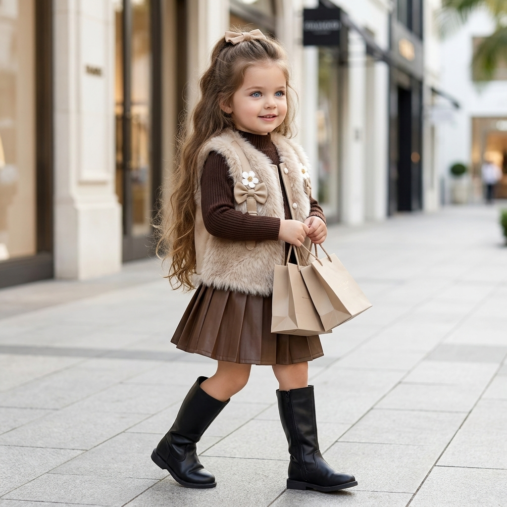 Girls Luxe Fur Vest, Knit Shirt & Pleated Skirt 3PC Set | Faba Kids