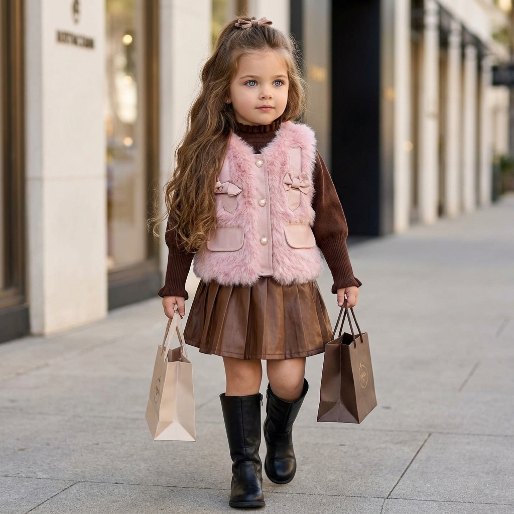 Girls Pink Faux Fur Vest 3PC Skirt Set | Faba Kids