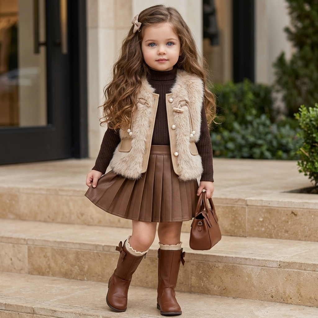 Girls Faux Fur Vest, Knit Shirt & Pleated Skirt 3PC Set | Faba Kids
