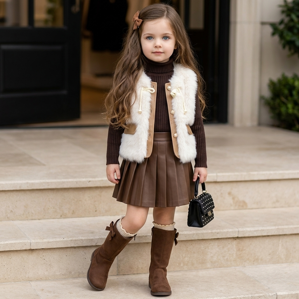Girls Faux Fur Vest, Knit Shirt & Pleated Skirt 3PC Set | Faba Kids