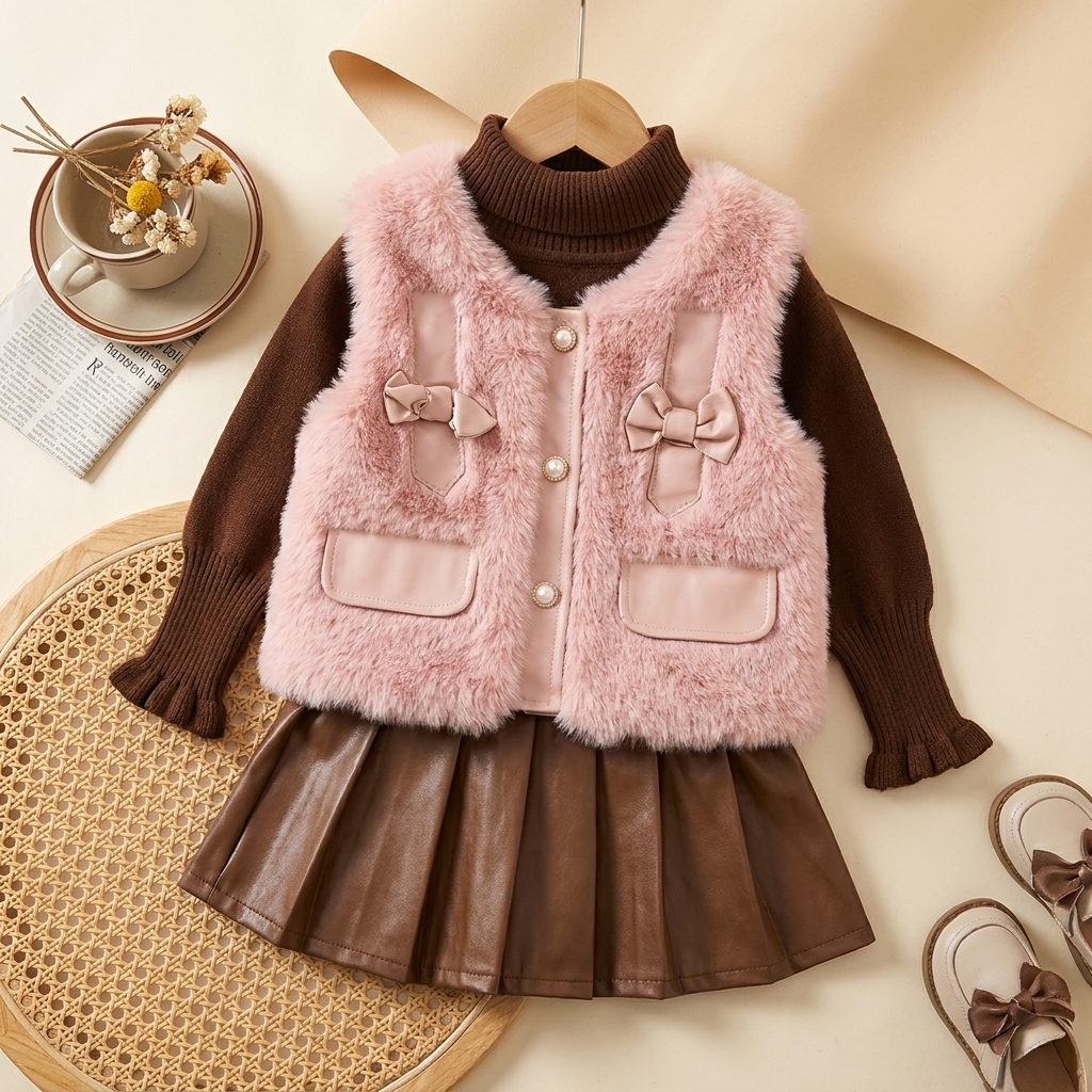 Girls Pink Faux Fur Vest 3PC Skirt Set | Faba Kids