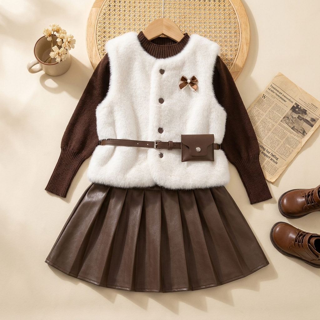 Girls Luxe Fur Vest, Knit Shirt & Pleated Skirt 3PC Set | Faba Kids