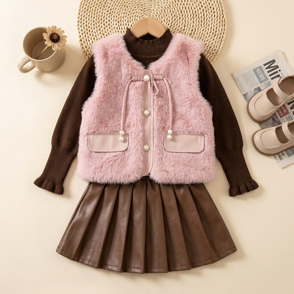 Girls Faux Fur Vest, Knit Shirt & Pleated Skirt 3PC Set | Faba Kids