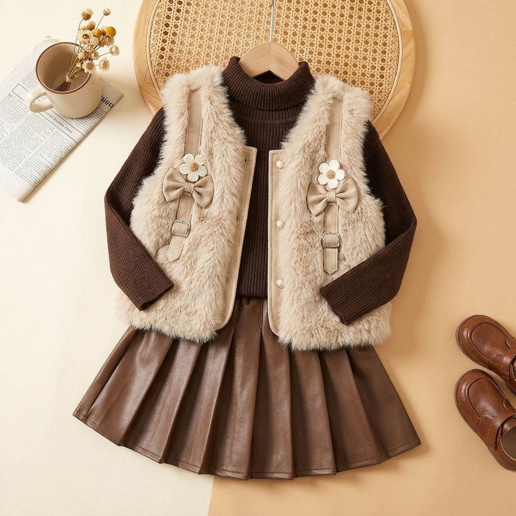 Girls Luxe Fur Vest, Knit Shirt & Pleated Skirt 3PC Set | Faba Kids