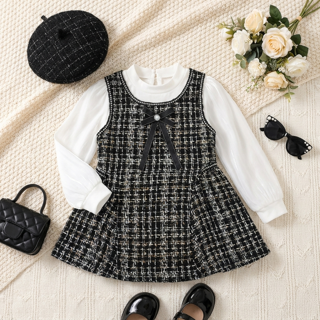 Girls Classic Tweed Bow Frock – 2 Colors | Faba Kids
