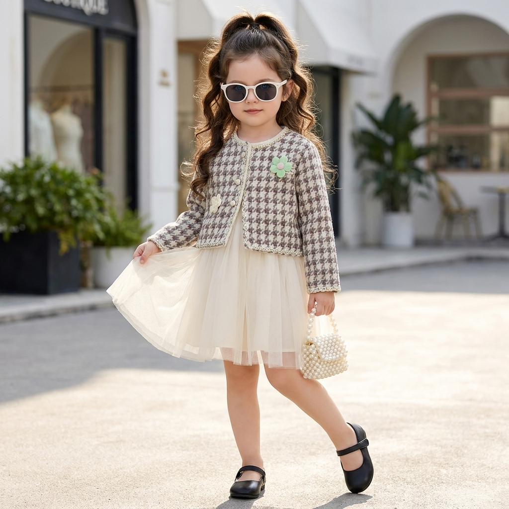 Girls Floral Tweed Jacket & Tulle Frock Set – 2 Colors | Faba Kids