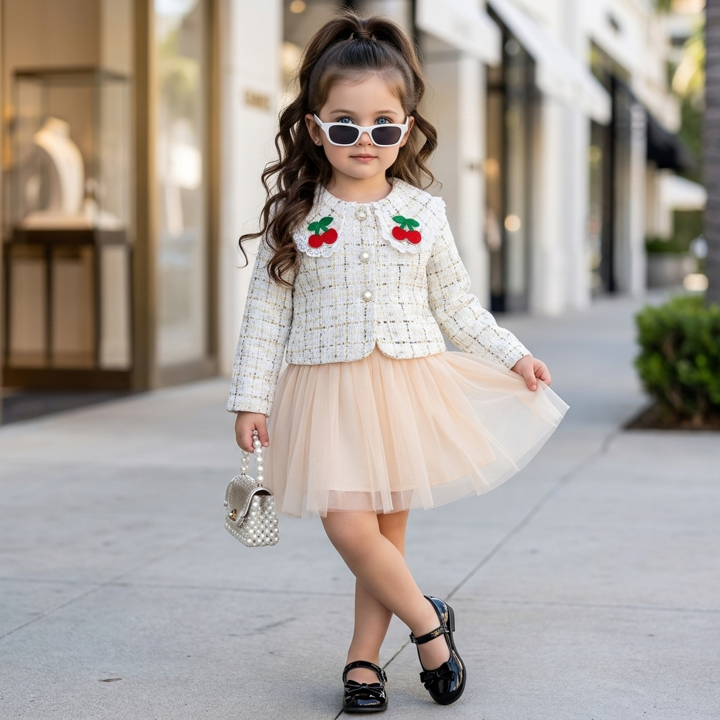 Girls Cherry Tweed Jacket & Tulle Frock Set – 2 Colors | Faba Kids