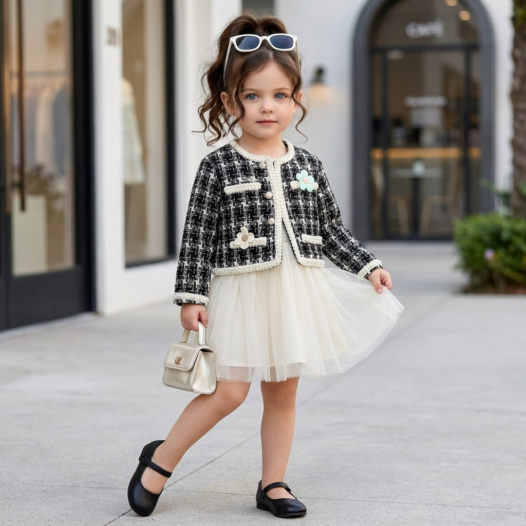 Girls Floral Tweed Jacket & Tulle Frock Set – 2 Colors | Faba Kids