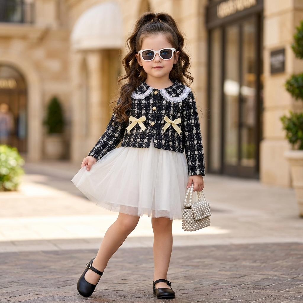Girls Bow Tweed Jacket & Tulle Frock Set – 2 Colors | Faba Kids