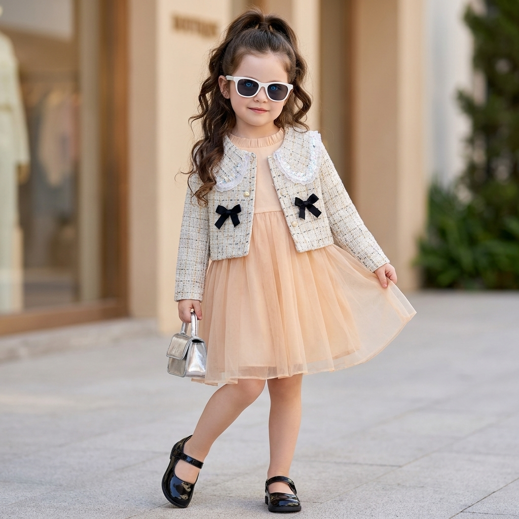 Girls Bow Tweed Jacket & Tulle Frock Set – 2 Colors | Faba Kids