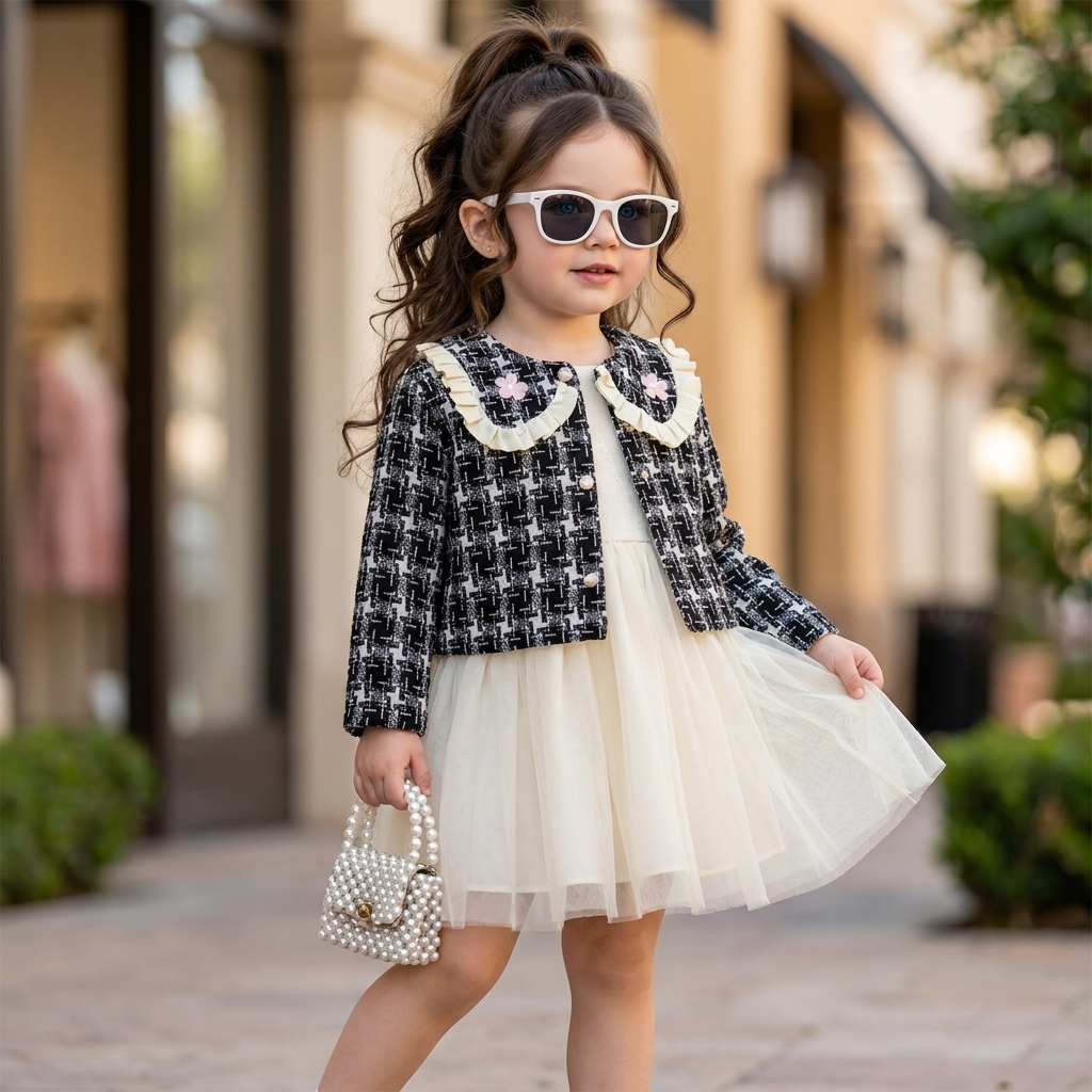 Girls Ruffle Tweed Jacket & Tulle Frock Set | Faba Kids
