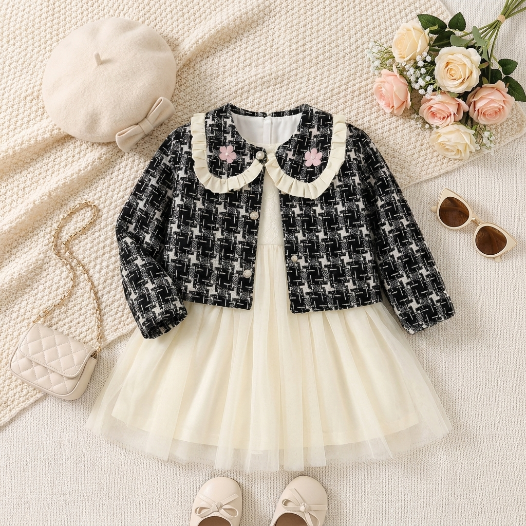 Girls Ruffle Tweed Jacket & Tulle Frock Set | Faba Kids