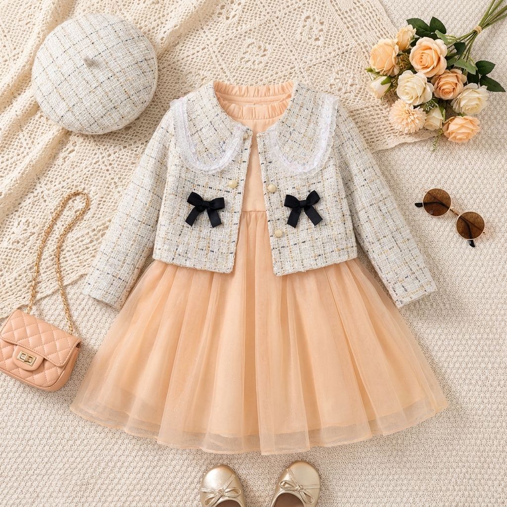 Girls Bow Tweed Jacket & Tulle Frock Set – 2 Colors | Faba Kids