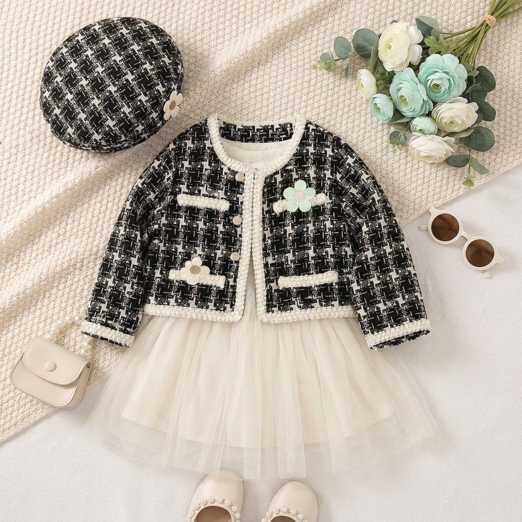 Girls Floral Tweed Jacket & Tulle Frock Set – 2 Colors | Faba Kids