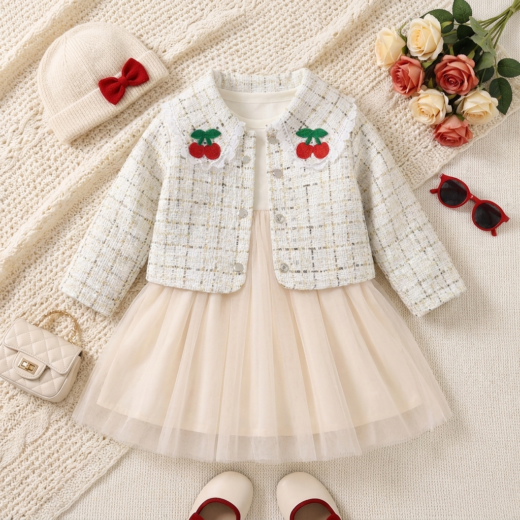 Girls Cherry Tweed Jacket & Tulle Frock Set – 2 Colors | Faba Kids