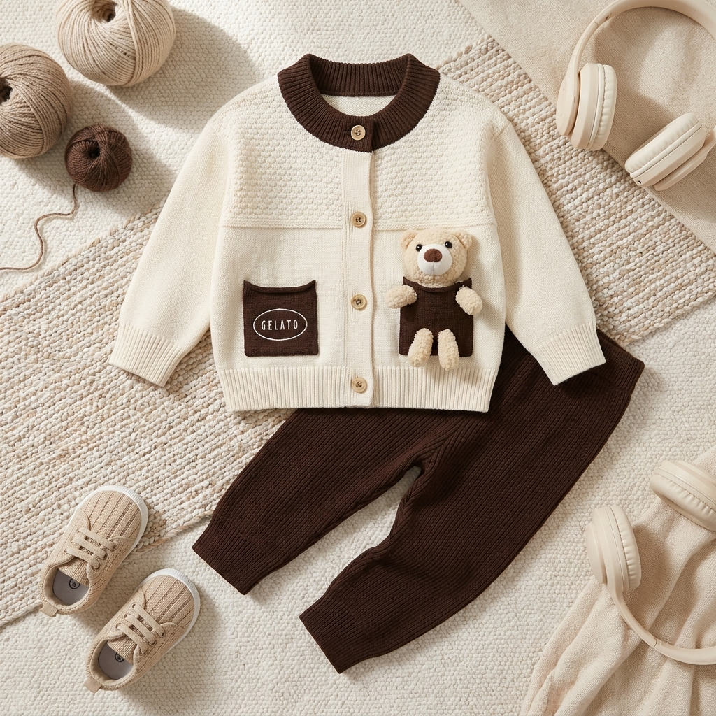 Baby Teddy Pocket Knit Shirt & Trouser Set – 2PC | Faba Kids