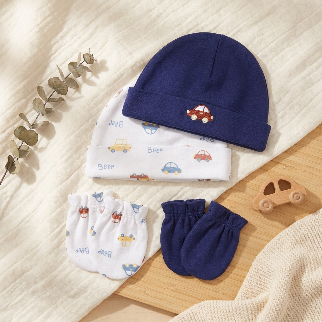 Newborn 4PC Cap & Mittens Set – 2 Designs | Faba Kids