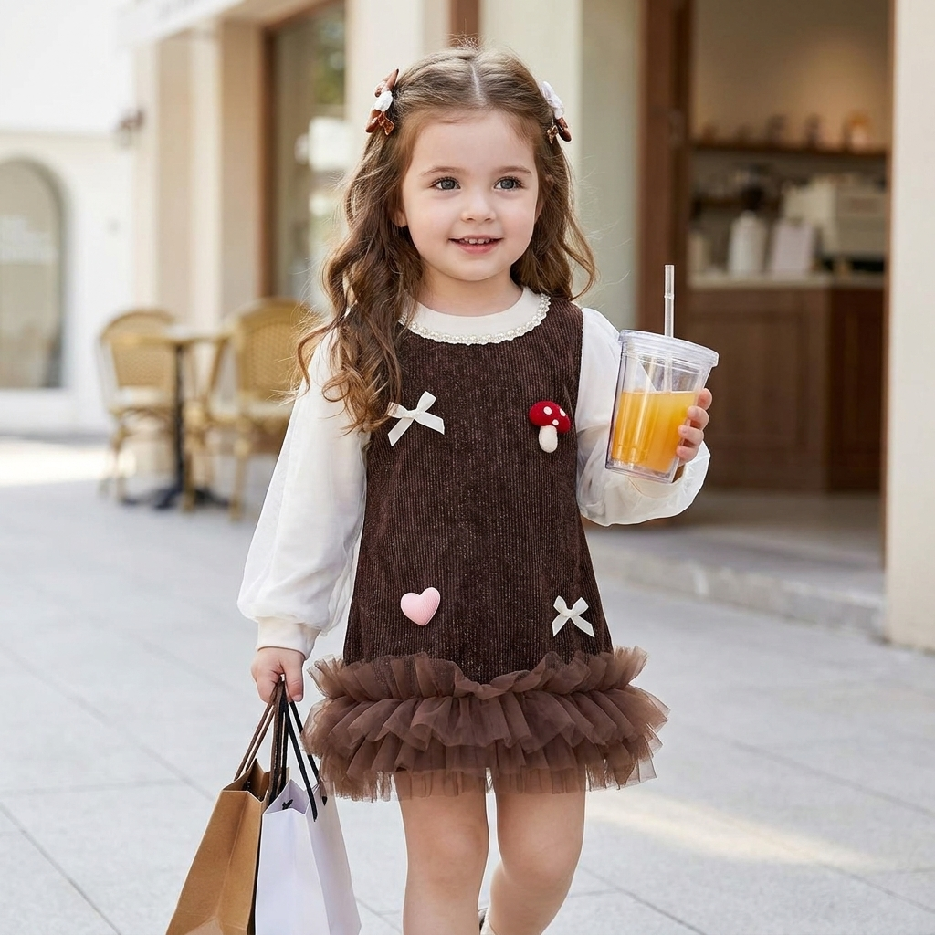 Girls Velvet Frock with Tulle Ruffle & Cute Appliqués | Faba Kids