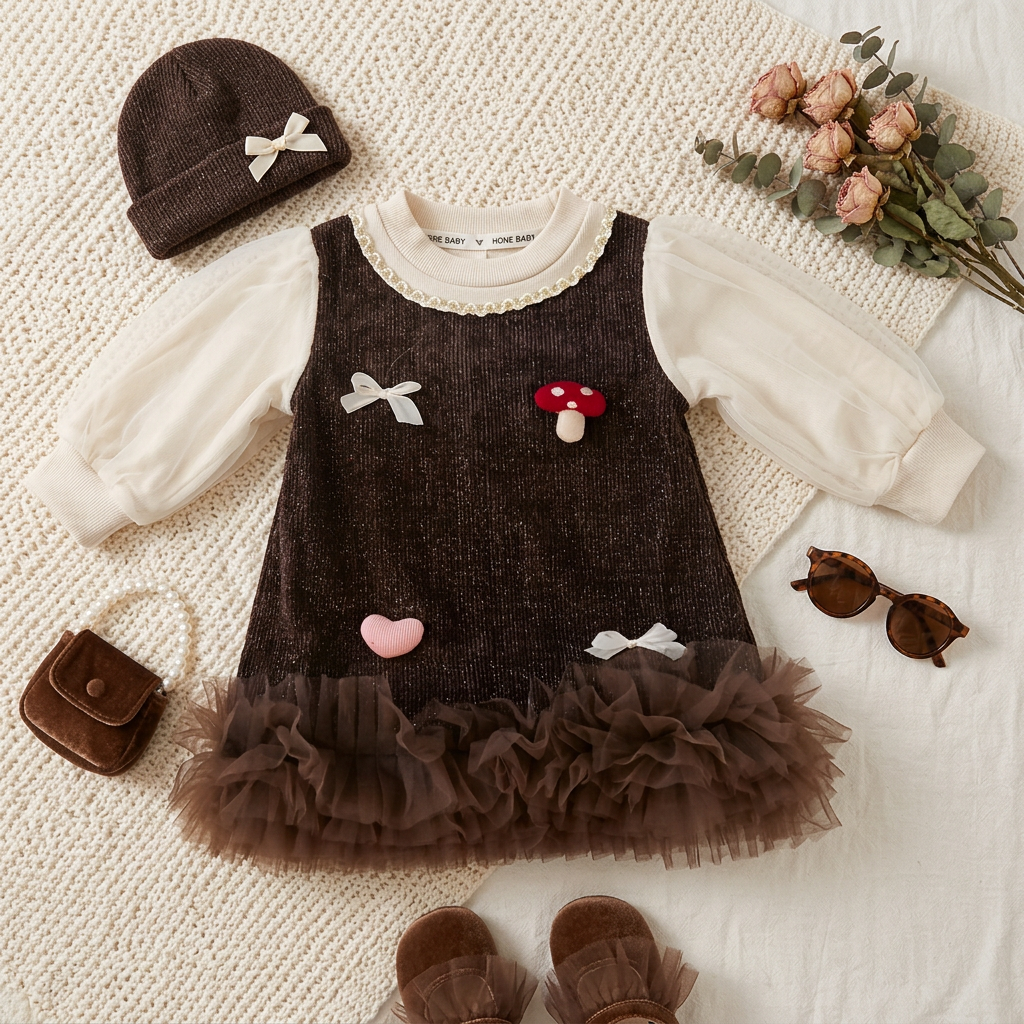 Girls Velvet Frock with Tulle Ruffle & Cute Appliqués | Faba Kids