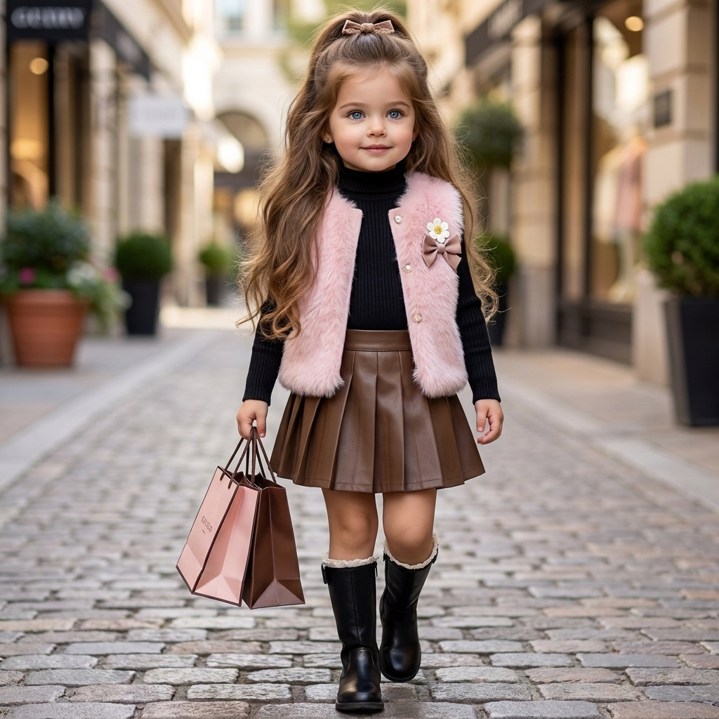 Girls Luxe Fur Vest, Knit Shirt & Pleated Skirt 3PC Set | Faba Kids