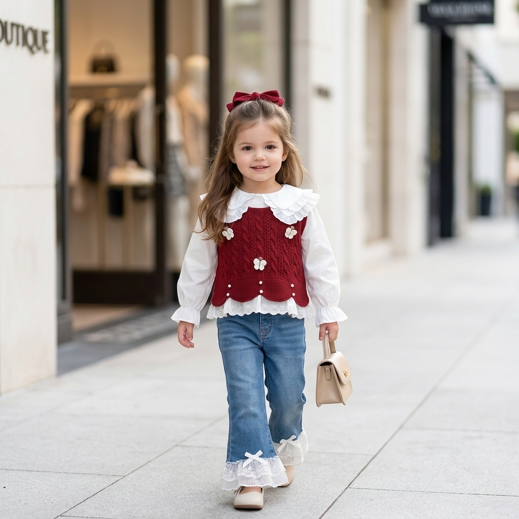 Girls 3PC Lace Knit Sweater, Shirt & Denim Pants Set – 3 Colors | Faba Kids
